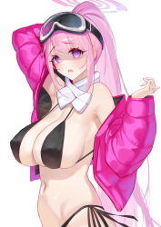 Rule 34 | 1girl, absurdres, bikini, black bikini, blue archive, blush, breasts, cleavage, covered erect nipples, eimi (blue archive), eimi (swimsuit) (blue archive), goggles, highres, large breasts, long hair, looking at viewer, official alternate costume, open mouth, pink eyes, pink hair, ponytail, revision, serelith, shaded face, simple background, ski goggles, solo, swimsuit, white background