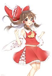 Rule 34 | 1girl, absurdres, artist name, ascot, bad id, bad pixiv id, bare shoulders, blush, bow, breasts, brown eyes, brown hair, commentary request, detached sleeves, feet out of frame, frilled bow, frills, hair between eyes, hair bow, hair tubes, hakurei reimu, hands up, highres, long hair, long sleeves, looking at viewer, medium breasts, midriff peek, nail polish, navel, open mouth, petticoat, red bow, red nails, red skirt, sarashi, shinonome asu, sidelocks, simple background, skirt, solo, touhou, twitter username, white background, wide sleeves, yellow ascot