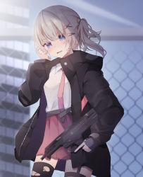 Rule 34 | 1girl, absurdres, assault rifle, automatic rifle, bad id, bad pixiv id, bandaid, bandaid on hand, battle rifle, black gloves, black jacket, black ribbon, black thighhighs, blue eyes, blurry, blurry background, blush, brown hair, building, bullpup, carbine, chain-link fence, collared shirt, cowboy shot, crying, crying with eyes open, day, depth of field, desert tech mdr, earrings, fence, fingerless gloves, fingernails, garter straps, gloves, gun, hair between eyes, hair ornament, hair ribbon, hairclip, hand up, head tilt, highres, holding, holding gun, holding weapon, jacket, jewelry, long hair, long sleeves, necktie, open clothes, open jacket, original, outdoors, parted lips, pink necktie, pink skirt, pleated skirt, puffy long sleeves, puffy sleeves, ribbon, rifle, shirt, side ponytail, skirt, solo, tears, thighhighs, torn clothes, torn thighhighs, tsuruse, weapon, white shirt, x hair ornament