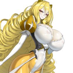 Rule 34 | 1girl, blonde hair, bodysuit, breasts, cleavage, covered erect nipples, curly hair, curvy, drill hair, grin, headgear, hk33, huge breasts, kyoukaisenjou no horizon, long hair, looking at viewer, narrow waist, smile, solo, standing, turenne, very long hair, white background, wide hips, yellow eyes