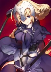 Rule 34 | 1girl, akisa yositake, armor, blonde hair, blue eyes, braid, breasts, capelet, chain, closed mouth, cowboy shot, dress, dual wielding, fate/apocrypha, fate/grand order, fate (series), faulds, fringe trim, gauntlets, headpiece, holding, holding weapon, jeanne d&#039;arc (fate), jeanne d&#039;arc (ruler) (fate), large breasts, long hair, looking at viewer, one eye covered, purple dress, purple thighhighs, red background, single braid, smile, solo, sword, thighhighs, very long hair, weapon
