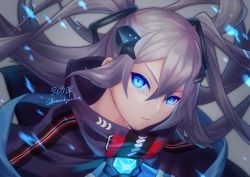 Rule 34 | 1girl, absurdres, azur lane, blue cape, blue eyes, cape, closed mouth, commentary request, crossed bangs, floating hair, glowing, grey background, grey hair, hair between eyes, hair ornament, head tilt, highres, intrepid (azur lane), kurono hyouka, long hair, looking at viewer, portrait, sidelocks, signature, simple background, solo, strap, twintails, twitter username, very long hair