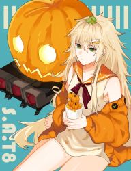 Rule 34 | 1girl, 3o c, bare legs, barefoot, blonde hair, blue background, character name, closed mouth, cup, girls&#039; frontline, green eyes, halloween, holding, holding cup, legs, long hair, looking at viewer, neck ribbon, official alternate costume, pumpkin, ribbon, s.a.t.8 (girls&#039; frontline), s.a.t.8 (pumpkin skewers) (girls&#039; frontline), sitting, solo