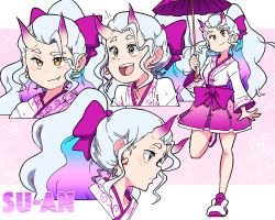 Rule 34 | 1girl, bare legs, bow, brown eyes, character name, earrings, fang, fish earrings, hair bow, highres, holding, holding umbrella, horns, jewelry, leg up, long hair, long sleeves, multiple views, open mouth, original, ponytail, profile, purple bow, purple horns, purple skirt, purple umbrella, scott malin, shoes, skirt, smile, standing, standing on one leg, umbrella, white footwear