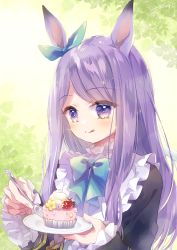 Rule 34 | 1girl, aged down, animal ears, black jacket, blue bow, bow, bowtie, cake, commentary request, cupcake, dessert, eating, ech, eyes visible through hair, flower, food, fork, frilled shirt collar, frills, fruit, hair bow, holding, holding fork, holding plate, horse ears, jacket, leaf, licking lips, light, light blush, light particles, light smile, long hair, long sleeves, mejiro mcqueen (umamusume), plate, purple eyes, purple hair, signature, solo, sparkling eyes, strawberry, sweets, tongue, tongue out, umamusume, whipped cream