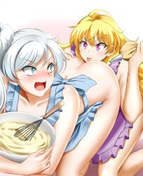 Rule 34 | 2girls, absurdres, apron, ass, ass grab, blonde hair, blue eyes, blush, butt crack, cream, cunnilingus, flower, highres, kimmy77, long hair, multiple girls, naked apron, nude, oral, purple eyes, rwby, tongue, tongue out, weiss schnee, white hair, yang xiao long, yuri