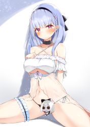 Rule 34 | 1girl, arm behind back, azur lane, bare shoulders, belt collar, between legs, black bow, black collar, black hairband, black panties, blunt bangs, blush, bow, bra, breasts, button eyes, buttons, center opening, character doll, cleavage, closed mouth, clothing cutout, collar, collarbone, commentary request, cowboy shot, criss-cross halter, dido (azur lane), frills, groin, hair bow, hairband, halterneck, hand on own chest, highres, hino kagutsuki, lace-trimmed hairband, lace trim, large breasts, lingerie, long hair, looking at viewer, midriff, milestone celebration, navel, panties, purple eyes, shadow, side-tie panties, sidelocks, silver hair, simple background, sitting, solo, spread legs, thigh strap, underboob, underboob cutout, underwear, white background, white bra
