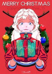 Rule 34 | 1girl, antlers, blue eyes, box, christmas ornaments, christmas wreath, gift, gift box, halftone, halftone background, highres, holding, holding gift, horns, long hair, looking at viewer, merry christmas, original, pinecone, shadow, signature, smile, solo, tree 13, watermark, white hair, wreath