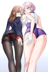 Rule 34 | 2girls, absurdres, ass, bare shoulders, black legwear, blazer, blue eyes, blush, breasts, cameltoe, closed mouth, from behind, gloves, gradient background, gridman universe, hand on own thigh, hear (kpmf4732), highres, jacket, large breasts, long hair, long sleeves, looking back, minami yume, mujina, multiple girls, panties, panties under pantyhose, pantyhose, parted lips, purple shorts, red panties, school uniform, short hair, shorts, silver hair, sleeveless, ssss.dynazenon, underwear, white background, white gloves
