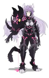 Rule 34 | 1girl, ahoge, alter servant, animal ear fluff, animal ears, atalanta (fate), atalanta alter (fate), black fur, bleeding, blood, boar, body fur, breasts, claws, commentary, corruption, dark persona, english commentary, eye symbol, fang, fate/apocrypha, fate/grand order, fate (series), frown, full body, glowing lines, gradient hair, green eyes, grey hair, highres, hooves, long hair, monster girl, multicolored eyes, multicolored hair, multiple heads, neon (theneonflower), pink blood, purple hair, redesign, sidelocks, simple background, skin fang, slit pupils, small breasts, solo, tail, tusks, very long hair, white background, yellow eyes