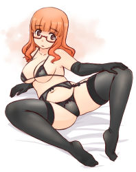 Rule 34 | 1girl, arm support, bed sheet, black bra, black gloves, black panties, black thighhighs, blunt bangs, bow, bow panties, bra, breasts, collarbone, elbow gloves, garter belt, girls und panzer, gloves, hand on own knee, lace, lace-trimmed bra, lace-trimmed garter belt, lace-trimmed legwear, lace-trimmed panties, lace trim, large breasts, lingerie, long hair, looking at viewer, lying, micro bra, navel, open mouth, orange hair, panties, plump, red-framed eyewear, solo, spread legs, takebe saori, thighhighs, underwear, uona telepin, white background