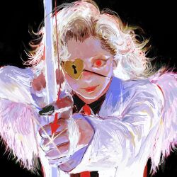 Rule 34 | 1girl, aiming, aiming at viewer, arrow (projectile), black background, black nails, black shirt, blonde hair, bow (weapon), closed mouth, commentary, cryborg, english commentary, eyepatch, heart, heart eyepatch, highres, holding, holding arrow, holding bow (weapon), holding weapon, jacket, lock, long sleeves, looking at viewer, nail polish, necktie, one eye covered, original, red eyes, red necktie, shirt, simple background, solo, upper body, weapon, white jacket, white wings, wings