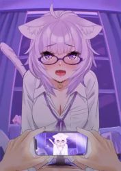Rule 34 | 1girl, animal ears, animated, breasts, cat ears, cat girl, cat tail, choker, cleavage, cowgirl position, dress shirt, glasses, hololive, male pubic hair, nekomata okayu, open mouth, penis, phone, pov, pubic hair, purple eyes, purple hair, recording, sex, shirt, straddling, tail, virtual youtuber, video, zabudog777