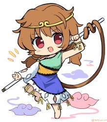 Rule 34 | 1girl, bare shoulders, barefoot, blue dress, blush, brown hair, circlet, detached sleeves, dress, full body, green dress, highres, long hair, low twintails, monkey tail, multicolored clothes, multicolored dress, open mouth, ramudia (lamyun), red eyes, simple background, single detached sleeve, smile, solo, son biten, tail, test tube, touhou, twintails, twitter username, unfinished dream of all living ghost, white background, white sleeves, yellow dress