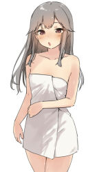 Rule 34 | 1girl, :o, alternate hairstyle, bare shoulders, blush, breasts, brown eyes, collarbone, commentary request, cowboy shot, grey hair, holding, holding towel, kantai collection, long hair, looking at viewer, naked towel, open mouth, sakieko, sidelocks, simple background, small breasts, solo, standing, thighs, towel, usugumo (kancolle), white background, white towel