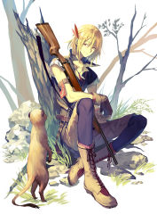 Rule 34 | 1boy, androgynous, blonde hair, boots, fingerless gloves, full body, gloves, grass, gun, lor968, male focus, meerkat, nature, original, outdoors, plant, rifle, sitting, smile, solo, tree, weapon, white background