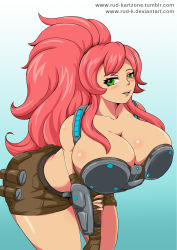 Rule 34 | 1girl, armor, ass, breasts, cleavage, cosplay, green eyes, highres, huge breasts, pink hair, ponytail, shorts