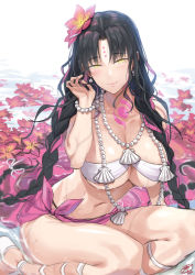 Rule 34 | 1girl, bare shoulders, bikini, black hair, blush, bracelet, braid, breasts, chest tattoo, cleavage, closed mouth, earrings, facial mark, fate/grand order, fate (series), flower, forehead mark, hair flower, hair ornament, jewelry, large breasts, looking at viewer, multicolored hair, navel, necklace, okitakung, parted bangs, pearl bracelet, pearl necklace, pink hair, sarong, sessyoin kiara, sesshouin kiara (swimsuit), sessyoin kiara (swimsuit mooncancer), sessyoin kiara (swimsuit mooncancer) (first ascension), smile, streaked hair, swimsuit, tattoo, thighs, twin braids, water, wavy hair, wet, white bikini, yellow eyes