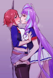 Rule 34 | 2girls, absurdly long hair, belt, black legwear, blush, breast press, clothes lift, cowboy shot, embarrassed, eye contact, from side, garter straps, grey background, grey skirt, hand under clothes, kaname buccaneer, lifting another&#039;s clothes, long hair, looking at another, macross, macross delta, midriff, mikumo guynemer, miniskirt, multicolored hair, multiple girls, open mouth, pleated skirt, purple hair, red eyes, red hair, sasanoneko, short hair, short sleeves, sketch, skirt, skirt lift, standing, streaked hair, sweatdrop, symmetrical docking, thighhighs, very long hair, white skirt, yuri