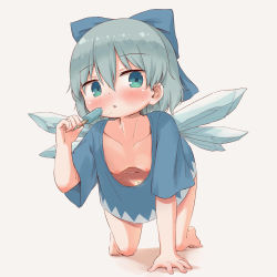 Rule 34 | 1girl, arinu, barefoot, blue bow, blue eyes, blue hair, blue shirt, blush, bow, breasts, cirno, collarbone, downblouse, extended downblouse, fairy, food, hair between eyes, hair bow, highres, holding, holding food, ice, ice wings, nipples, parted lips, popsicle, shirt, short hair, short sleeves, small breasts, solo, touhou, wings