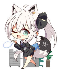 Rule 34 | 1girl, 7:08, absurdres, ahoge, animal ear fluff, animal ears, black bow, black jacket, black skirt, blush, bow, braid, chibi, collared shirt, commentary request, earrings, extra ears, fang, fox ears, fox girl, fox tail, green eyes, hair between eyes, hair bow, highres, hololive, jacket, jewelry, long hair, looking at viewer, one eye closed, open mouth, pentagram, ponytail, shirakami fubuki, shirt, sidelocks, simple background, single braid, skin fang, skirt, solo, tail, virtual youtuber, w, white background, white hair, white shirt