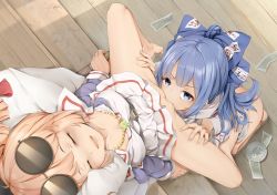 Rule 34 | 2girls, an-telin, barefoot, belt, blue bow, blue eyes, blue hair, blush, bow, bracelet, breasts, closed eyes, coin, collarbone, cunnilingus, cup, drill hair, eyewear on head, folding fan, gem, hair bow, hand fan, highres, incest, jewelry, long hair, long sleeves, medium breasts, money, multiple girls, no panties, ofuda, open mouth, oral, pussy juice, siblings, sisters, smile, spread legs, sunglasses, touhou, twin drills, wooden floor, yorigami jo&#039;on, yorigami shion, yuri