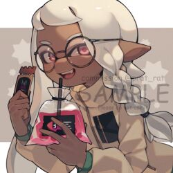 1girl asymmetrical_hair braid commentary commission dark-skinned_female dark_skin drink drink_bag drinking_straw english_commentary film_grain glasses hair_tie highres holding holding_drink holding_ticket inkling inkling_girl inkling_player_character jacket long_hair long_pointy_ears long_sleeves looking_at_viewer nintendo pink_eyes pointy_ears prat_rat round_eyewear single_braid solo splatoon_(series) tentacle_hair ticket tortoiseshell-framed_eyewear upper_body watermark white_hair yellow_jacket