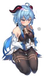 Rule 34 | 1girl, ahoge, bare shoulders, bell, black gloves, black pantyhose, blue hair, blush, bodystocking, bodysuit, breasts, closed mouth, clothes lift, cowbell, crotch, curled horns, detached sleeves, full body, ganyu (genshin impact), genshin impact, gloves, goat horns, gold trim, grey eyes, high heels, highres, horns, large breasts, leotard, leotard under clothes, lifted by self, loincloth lift, long hair, neck bell, pantyhose, pelvic curtain, ranf, seiza, sidelocks, simple background, sitting, solo, sweat, sweatdrop, tassel, thigh gap, thighlet, v-shaped eyebrows, white background, white sleeves