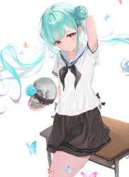 Rule 34 | 1girl, arm behind head, arm up, black neckerchief, blue butterfly, blue flower, blush, brown skirt, bug, butterfly, closed mouth, commentary request, cowboy shot, desk, double bun, floating hair, flower, gradient hair, green hair, hair bun, highres, holding, holding skull, hololive, insect, long hair, looking away, mikanagi yuri, multicolored hair, neckerchief, purple hair, red butterfly, red eyes, sailor collar, school desk, school uniform, serafuku, shirt, short sleeves, simple background, skirt, skull, smile, solo, streaked hair, twintails, uruha rushia, very long hair, virtual youtuber, white background, white sailor collar, white shirt
