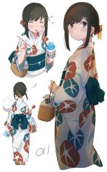 Rule 34 | 1girl, :p, absurdres, bag, black hair, blush, candy, candy apple, closed eyes, cotton candy, eating, enemy lifebuoy (kancolle), floral print, food, fubuki (kancolle), green eyes, highres, japanese clothes, kantai collection, kimono, low ponytail, ma rukan, musical note, obi, open mouth, ponytail, sash, shaved ice, short hair, short ponytail, simple background, smile, solo, tongue, tongue out, white background, yukata