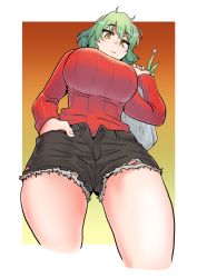 Rule 34 | 1girl, bad id, bad pixiv id, bag, border, breasts, cowboy shot, from below, green hair, hand in pocket, holding, holding bag, korean commentary, large breasts, long sleeves, open fly, original, red sweater, ribbed sweater, royal tea, short hair, short shorts, shorts, solo, sweater, white border, yellow eyes