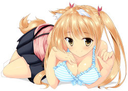 Rule 34 | 1girl, animal ears, azure (capriccio), bad id, bad pixiv id, bare shoulders, blonde hair, blush, bra, breasts, brown eyes, cleavage, dog ears, dog tail, large breasts, long hair, looking at viewer, lying, on stomach, original, simple background, skirt, smile, socks, solo, striped bra, striped clothes, tail, twintails, underwear, white background, yellow eyes
