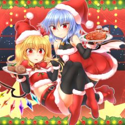 Rule 34 | 2girls, absurdres, alternate costume, bat wings, bell, black gloves, black legwear, blonde hair, blue hair, bow, bridal gauntlets, cake, chicken (food), christmas, dress, flandre scarlet, food, gloves, hat, highres, holding, holding plate, looking at viewer, marukyuu ameya, midriff, multiple girls, plate, pom pom (clothes), red dress, red eyes, red skirt, remilia scarlet, santa costume, santa hat, siblings, sisters, sitting, skirt, smile, star (symbol), thighhighs, thighs, tongue, tongue out, touhou, window, wings, zettai ryouiki