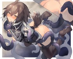 Rule 34 | 1girl, ahoge, anus, arknights, ass, bird tail, black thighhighs, blush, breasts, breasts out, brown hair, censored, closed mouth, commentary, cut-away, feathers, garter straps, grey shirt, hair between eyes, mosaic censoring, multicolored hair, multiple views, nipple stimulation, nipple tweak, plume (arknights), pussy, pussy juice, restrained, sasa onigiri, shirt, short hair, small breasts, sweat, tail, tentacle sex, tentacles, thighhighs, torn clothes, torn shirt, two-tone hair, vaginal, white footwear, white hair, yellow eyes