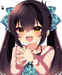 Rule 34 | 1girl, animal print, aqua bow, aqua shirt, black hair, blush, bow, cardigan, collarbone, commentary, hair between eyes, hair bow, hands up, highres, idolmaster, idolmaster cinderella girls, jewelry, leopard print, long hair, long sleeves, looking at viewer, maju risa, matoba risa, necklace, open mouth, own hands together, shirt, sidelocks, smile, solo, twintails, upper body, white background, white cardigan, yellow eyes