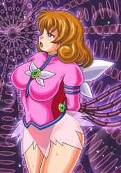Rule 34 | 1girl, arms behind back, bdsm, breasts, brown eyes, brown hair, corrector yui, cupsoup, curly hair, gloves, kasuga yui, leotard, lightning, magical girl, medium breasts, medium hair, navel, open mouth, pain, pink shirt, purple background, red leotard, restrained, ryona, scared, shirt, short hair, skirt, solo, sweat, teeth, tentacles, tube, upper teeth only, white gloves, white leotard, white skirt, worried