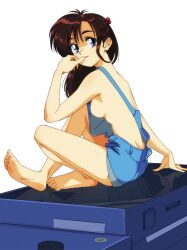 Rule 34 | 1girl, absurdres, barefoot, blue eyes, blue overalls, breasts, brown hair, highres, light smile, long hair, looking at viewer, medium breasts, naked overalls, object request, original, overall shorts, overalls, parted lips, samoto mitsukuni, sitting, solo