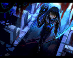 Rule 34 | 1girl, baseball cap, black footwear, black gloves, black hair, black hat, black shirt, black vest, blood, blue fire, blue pants, boots, cigarette, collared shirt, energy sword, fire, flaw eight, flesh, full body, gauntlets, gloves, hand up, hat, holding, holding sword, holding weapon, katana, limbus company, long hair, pants, project moon, ryoshu (project moon), shirt, smoke, solo, sword, train interior, very long hair, vest, walking, weapon