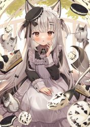 Rule 34 | 1girl, animal ears, apron, ascot, blush, brooch, brown eyes, cake, commentary request, cookie, food, frilled apron, frills, goma (u p), grey hair, hair ornament, heart, heart in eye, highres, ice cream, jewelry, long hair, looking at viewer, maid, maid apron, oreo, original, sandwich cookie, sitting, solo, symbol in eye, tail, two side up, very long hair, wing collar