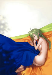 Rule 34 | 1girl, ass, barefoot, bed sheet, braid, breasts, detexted, earrings, finger to mouth, flat ass, green hair, hair ornament, highres, jewelry, large breasts, long hair, lying, naked sheet, nipples, non-web source, on side, original, scan, single braid, sleeping, solo, third-party edit, yukimi