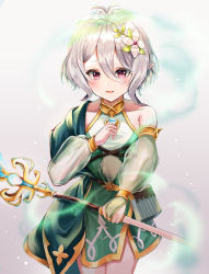 Rule 34 | 1girl, absurdres, antenna hair, bad id, bad pixiv id, bag, blush, bridal gauntlets, collarbone, commentary request, cowboy shot, derivative work, detached sleeves, dress, flower, green dress, hair between eyes, hair flower, hair ornament, hand up, harui (huruyi 817), highres, holding, holding staff, kokkoro (princess connect!), long sleeves, looking at viewer, open mouth, outstretched arm, pink eyes, pointy ears, princess connect!, puffy long sleeves, puffy sleeves, see-through, short hair, silver hair, single bare shoulder, sleeveless, sleeveless dress, smile, solo, staff, white flower