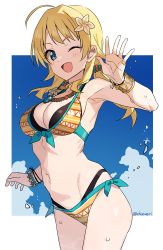Rule 34 | 1girl, ;d, ahoge, arm up, armpits, bare shoulders, bikini, blonde hair, blue eyes, bracelet, breasts, cleavage, cowboy shot, flower, front-tie bikini top, front-tie top, groin, hachimiya meguru, hair flower, hair ornament, idolmaster, idolmaster shiny colors, jewelry, large breasts, layered bikini, long hair, looking at viewer, low twintails, navel, necklace, one eye closed, open mouth, shisoneri, side-tie bikini bottom, smile, solo, stomach, swimsuit, thighs, twintails, yellow bikini