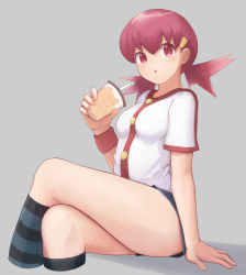Rule 34 | 1girl, arm support, blush, breasts, buttons, commentary request, creatures (company), crossed legs, cup, disposable cup, drinking straw, eyelashes, game freak, hair ornament, hairclip, hand up, highres, hiyoshipow, holding, holding cup, jacket, long hair, medium breasts, nintendo, pink eyes, pink hair, pokemon, pokemon hgss, short shorts, short sleeves, shorts, sitting, slutty outfit, socks, solo, striped clothes, striped socks, twintails, white jacket, whitney (pokemon)