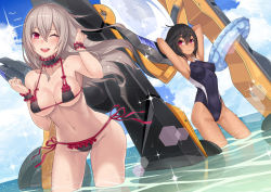 Rule 34 | 2girls, ;d, armpits, arms up, beach, bikini, breasts, competition swimsuit, covered erect nipples, covered navel, day, frilled bikini, frills, groin, mecha, mecha musume, medium breasts, multiple girls, navel, nidy, one-piece swimsuit, one eye closed, open mouth, red eyes, robot, side-tie bikini bottom, smile, sparkle, string bikini, swimsuit, tan, wading