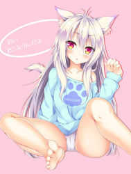 Rule 34 | 1girl, absurdres, ai (wakaba iro no quartet), animal ear fluff, animal ears, bare legs, barefoot, cat ears, cat tail, clothes writing, commentary request, highres, long hair, long sleeves, lump of sugar, monochrome background, off shoulder, panties, pantyshot, parted lips, pink background, red eyes, shrimp 3, silver hair, simple background, sitting, sweater, tail, translation request, underwear, very long hair, wakaba iro no quartet, white panties