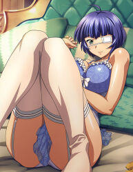 Rule 34 | 1girl, ahoge, bare arms, blue dress, blue hair, bow, breasts, closed mouth, dress, eyepatch, garter straps, green eyes, ikkitousen, indoors, large breasts, lying, mole, mole under mouth, nightgown, on back, on bed, panties, pillow, ryomou shimei, shiny skin, short dress, short hair, sleeveless, sleeveless dress, smile, solo, thighhighs, underwear, white bow, white panties, white thighhighs