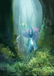Rule 34 | celebi, commentary request, creatures (company), day, forest, game freak, gen 2 pokemon, grass, highres, legendary pokemon, moss, mythical pokemon, nature, nintendo, no humans, outdoors, pokemon, pokemon (creature), standing, suicune, tree, volpecorvo