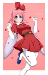 Rule 34 | 1girl, bad id, bad pixiv id, belt, belt buckle, blue eyes, blue footwear, blush, breasts, buckle, buttons, cherry blossoms, clenched hands, dress, earrings, elbow gloves, fairy, fairy wings, feet out of frame, gloves, hair between eyes, hair ribbon, hands up, heart, jewelry, kirby (series), leaning back, lindaroze, looking at viewer, nintendo, pantyhose, parted lips, petals, pink background, pink hair, red dress, ribbon, ribbon (kirby), shoes, short hair, short sleeves, simple background, smile, solo, standing, standing on one leg, watermark, web address, white gloves, white pantyhose, wings