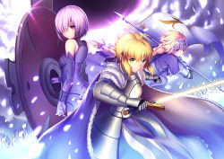 Rule 34 | ahoge, artoria pendragon (all), artoria pendragon (fate), bare shoulders, blonde hair, braid, cape, chain, elbow gloves, fate/apocrypha, fate/grand order, fate/stay night, fate (series), fur trim, gauntlets, gloves, gorget, green eyes, jeanne d&#039;arc (fate), jeanne d&#039;arc (ruler) (fate), light purple hair, long hair, looking at viewer, low-tied long hair, mash kyrielight, purple eyes, ruler (fate/grand order), saber (fate), shield, single braid, standard bearer, sword, weapon, xiaosan ye