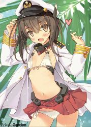 Rule 34 | 1girl, admiral (kancolle) (cosplay), blush, bra, brown eyes, brown hair, commentary request, cosplay, flat chest, hat, headgear, heart, kantai collection, looking at viewer, lowres, military, military uniform, navel, open clothes, open mouth, panties, peaked cap, pleated skirt, short hair, side-tie panties, skirt, smile, solo, taihou (kancolle), tsurusaki takahiro, underwear, uniform, white bra, white panties